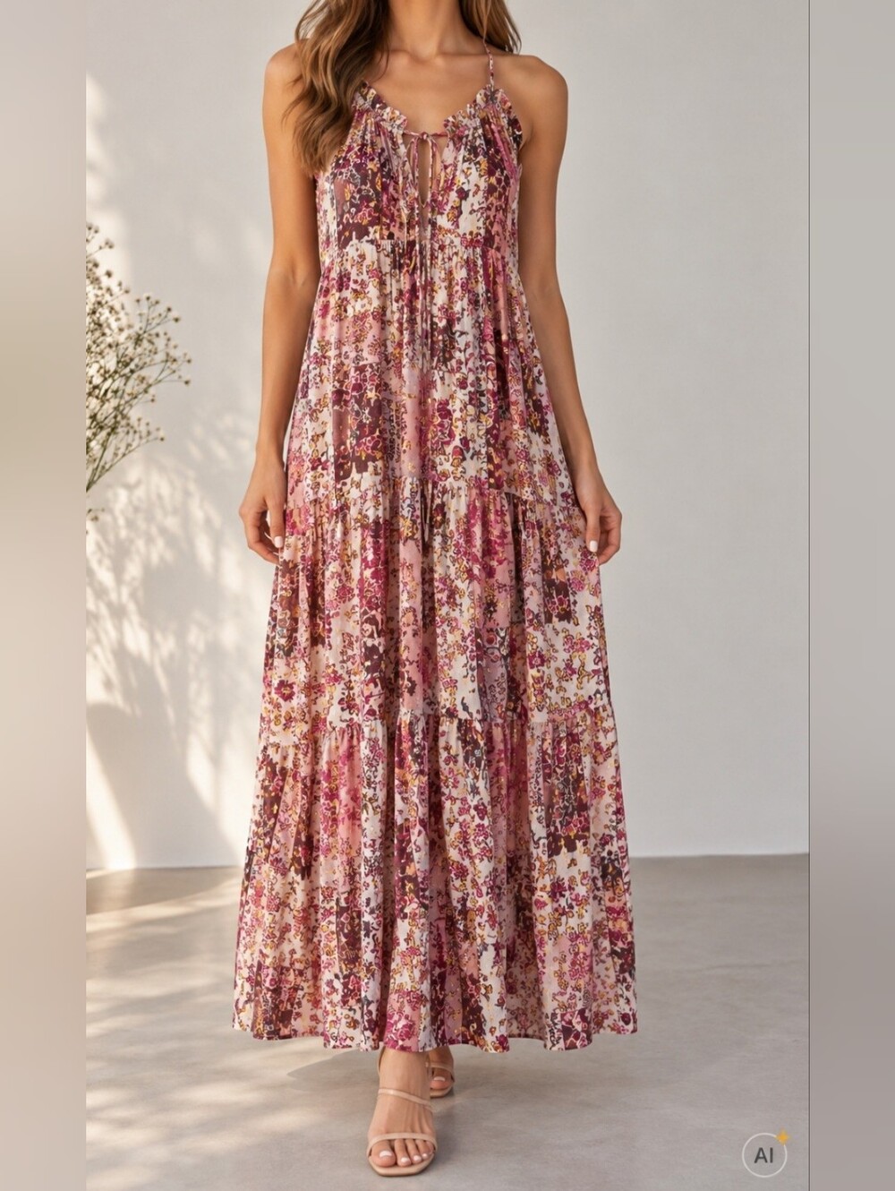 DREW Floral Tiered Maxi Dress in Pink and Brown